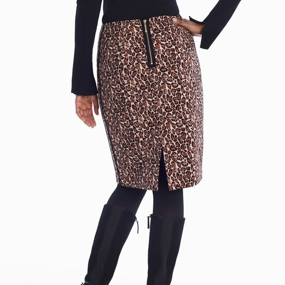 WHBM Cotton Blend Leopard Pencil Skirt Black Trim 12 - Picture 2 of 7